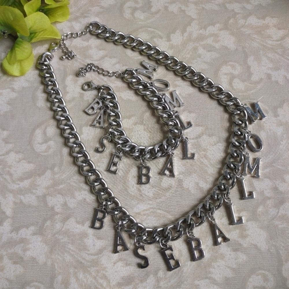 Silver Chain Baseball Mom Necklace Bracelet